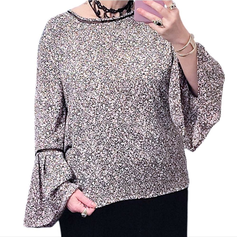 LOFT Pink Black Floral Crochet Trim‎ Long Bell Sleeves Boho Blouse Large